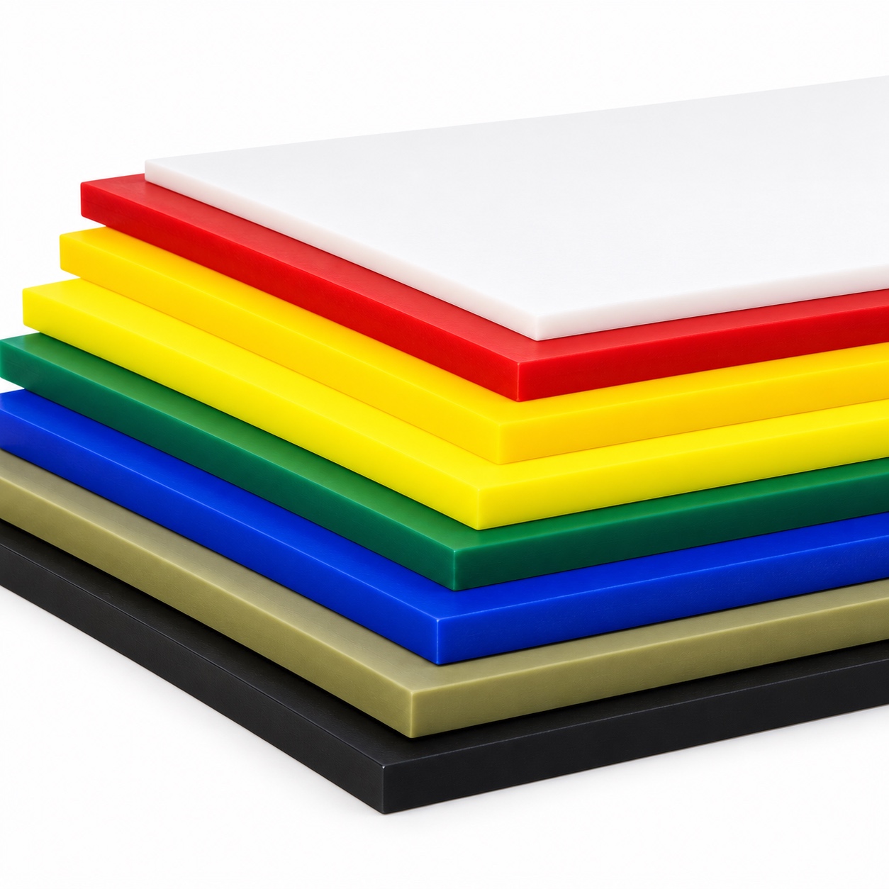 A stack of white, red, yellow, green, blue and black HDPE sheets