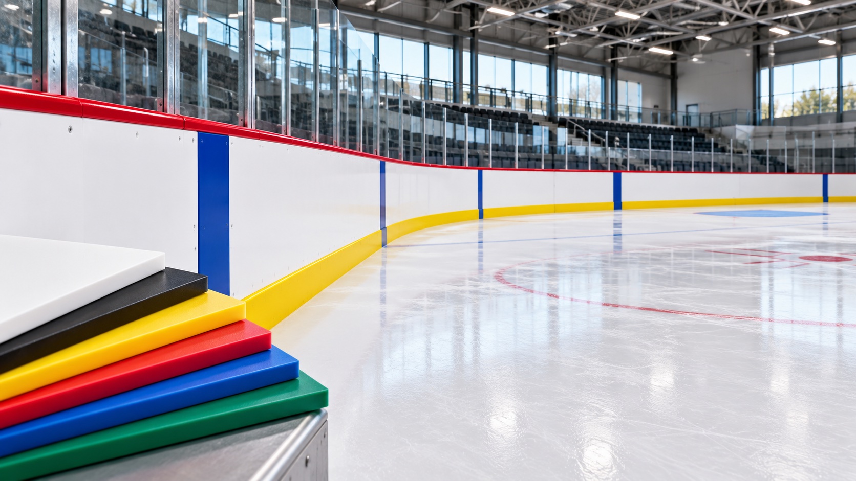 Hockey rink inspiration with white puckboard, yellow kickplates, red rails and blue accents