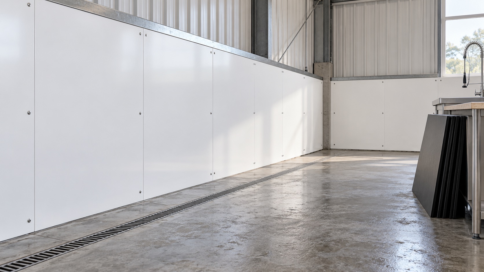 Application inspiration showing white wall protection panels and black liner sheets in a utility wash bay